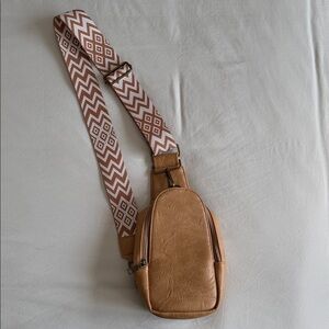 Pink Lily Tan Crossbody Belt Bag with Geometric Strap